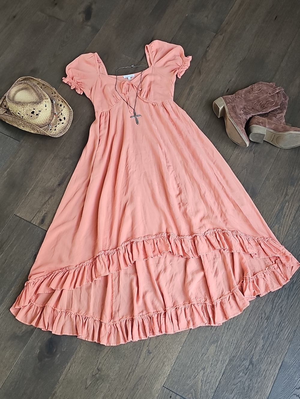 Patrons of Peace Coral Rayon Midi Dress Puff Sleeve Ruffle Tie Front XS